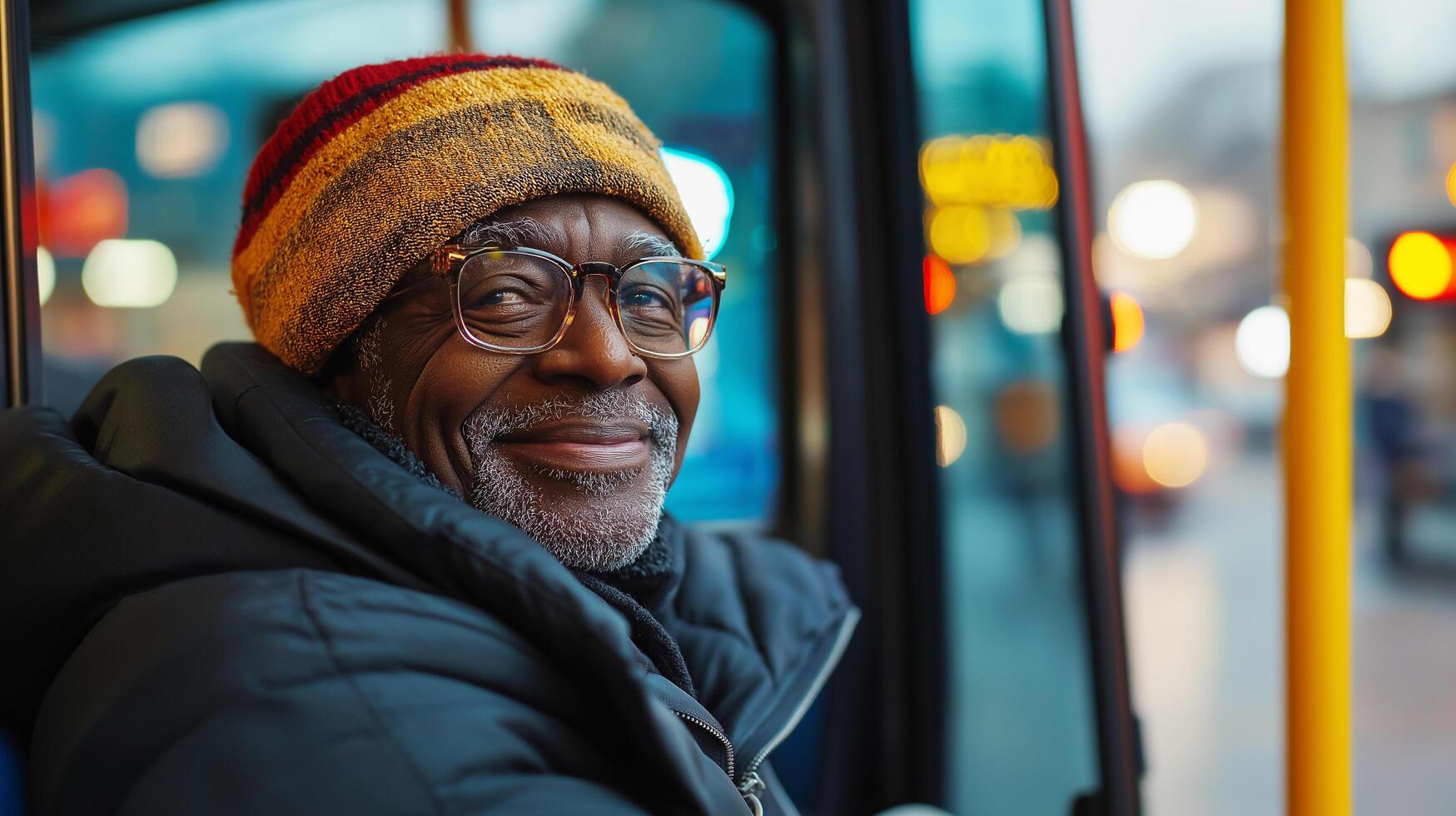 An older man wearing a hat and glasses on a bus photo