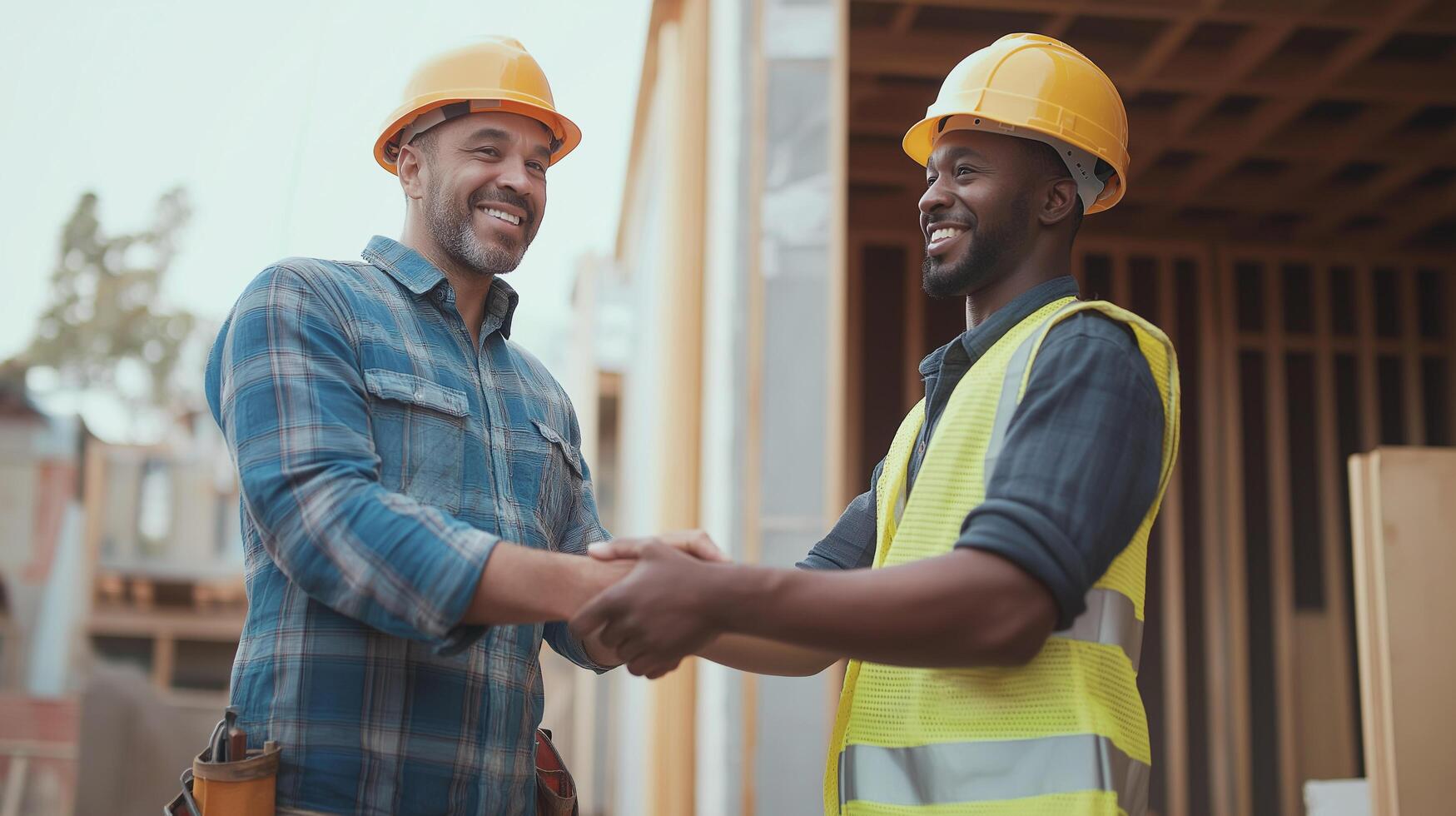 Two men shaking hands in front of a construction site photo