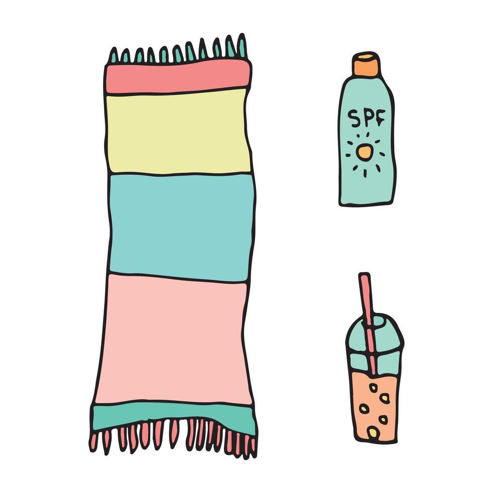 Beach essentials illustration featuring a striped towel, SPF bottle, and refreshing drink. Perfect for summer vacation designs and seaside relaxation themes vector