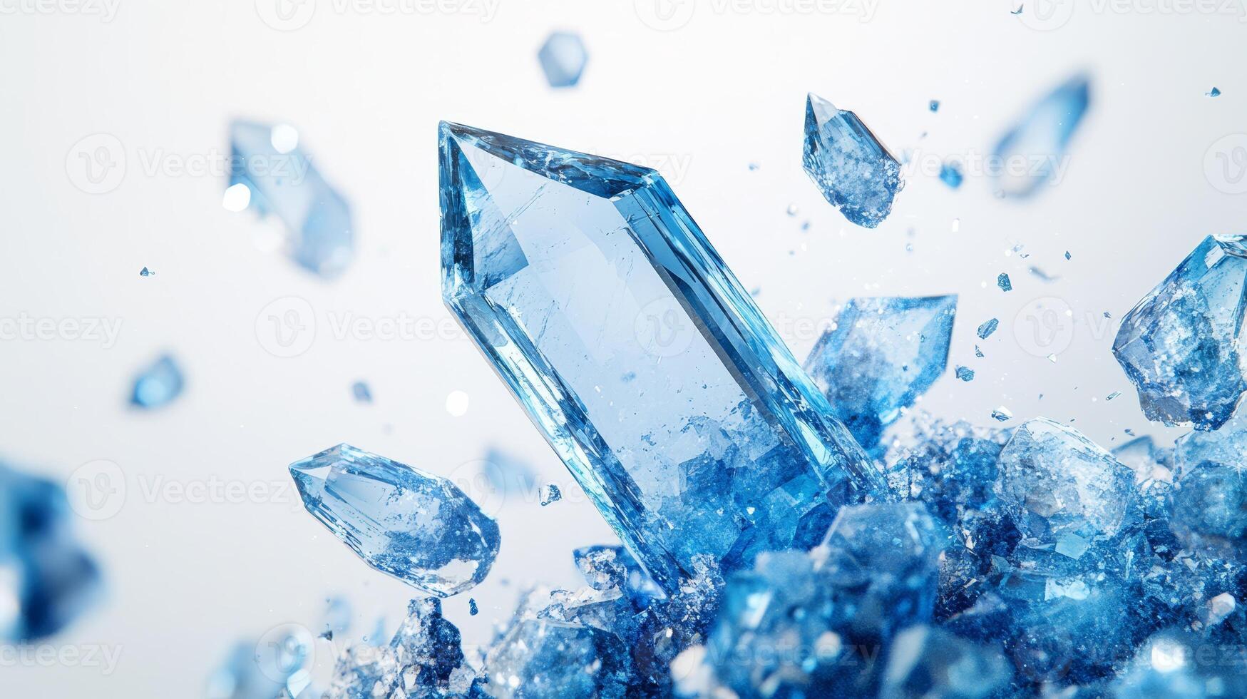 Close up of stunning blue crystal with sharp facets and shattered fragments, highlighting the brilliance and clarity of the gemstone against a white background. Fantasy banner with copy space photo