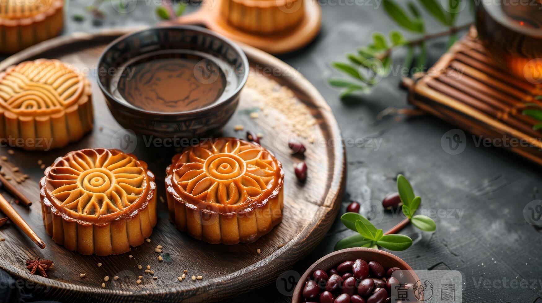 Close up mooncakes on wooden plate with red beans and green tea bowl, capturing the essence of Chinese Mid Autumn Festival. Holiday food banner with copy space photo