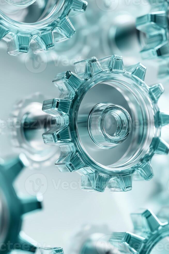 Transparent light cyan glass gears in motion, showcasing intricate details and modern design. Perfect for concepts related to engineering, precision, and technology photo
