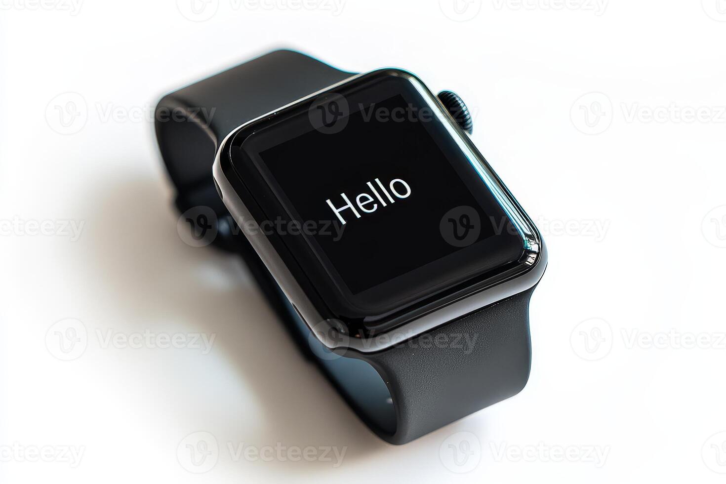 Close up of black smartwatch with word Hello photo