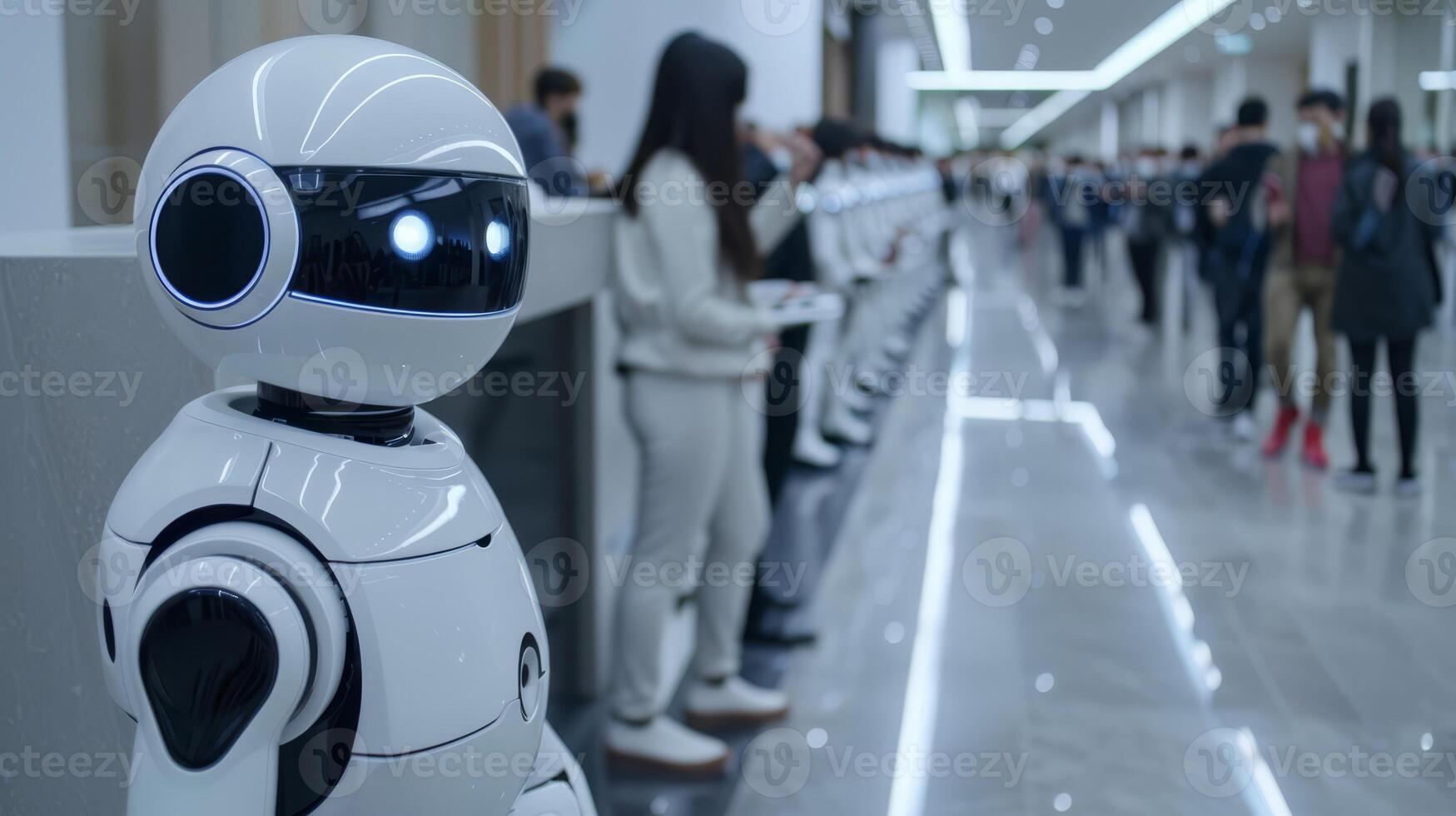 Futuristic scene with white humanoid robot photo