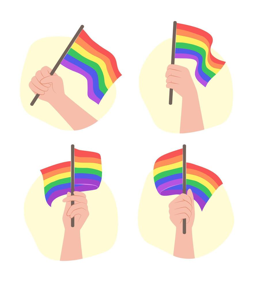 Set of Hands Holding LGBT Rainbow Flags for Gay Pride Concept Illustration vector