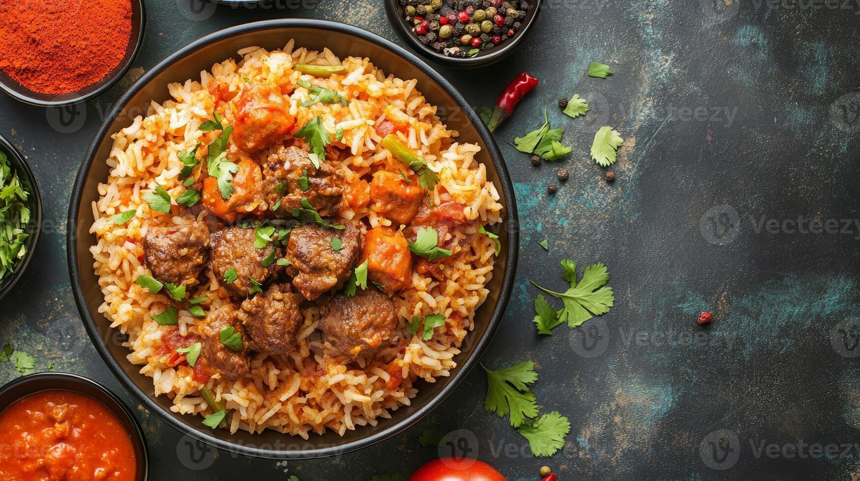 Top view of bowl with biryani rice and tender meat photo