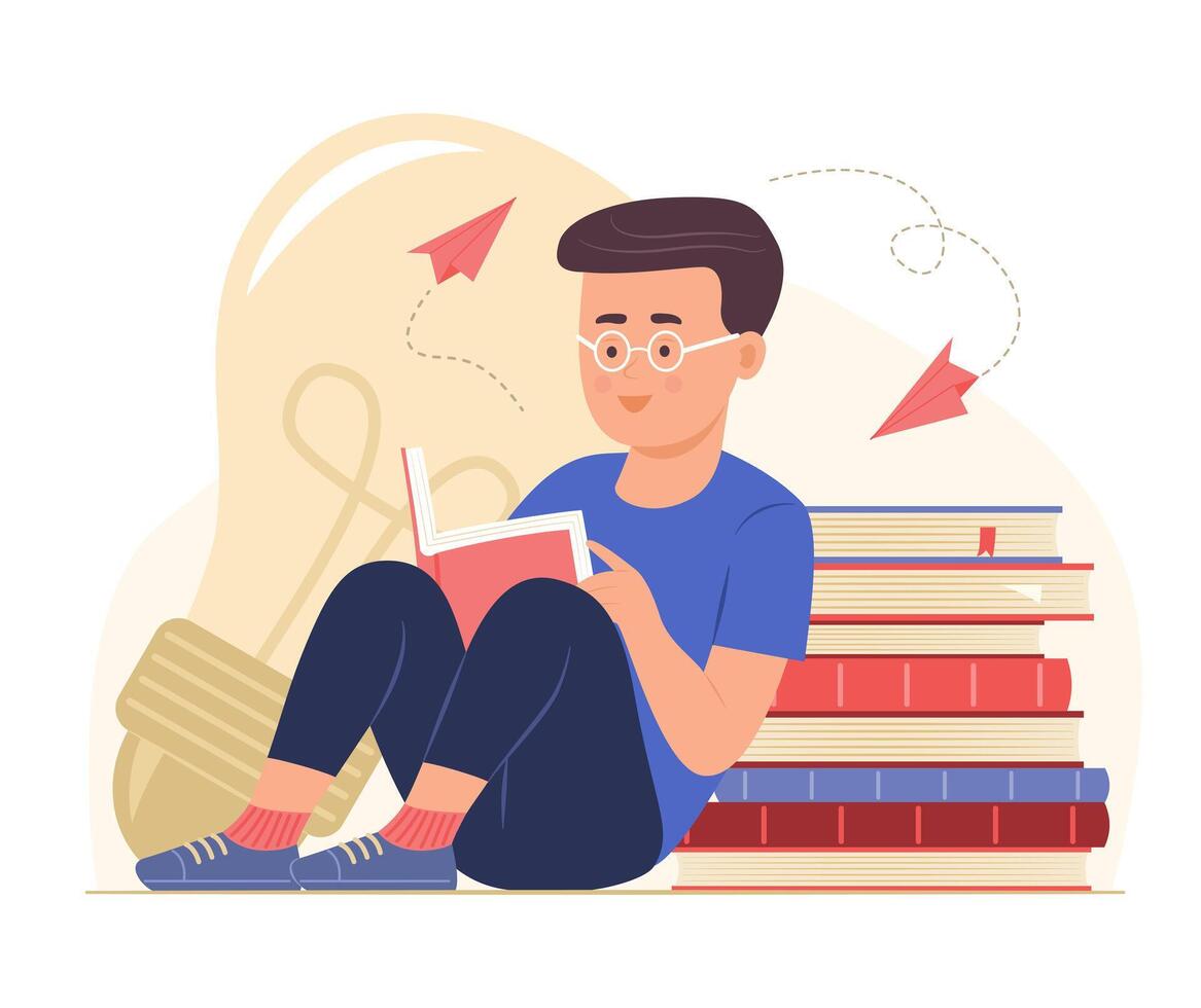 Cute Student Boy Sit Near Stack of Books and Reading a Book for Education Concept Illustration vector