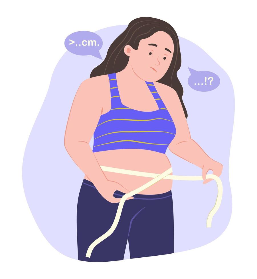 Chubby Woman Measuring Her Waist with a Measuring Tape for Healthcare Concept Illustration vector
