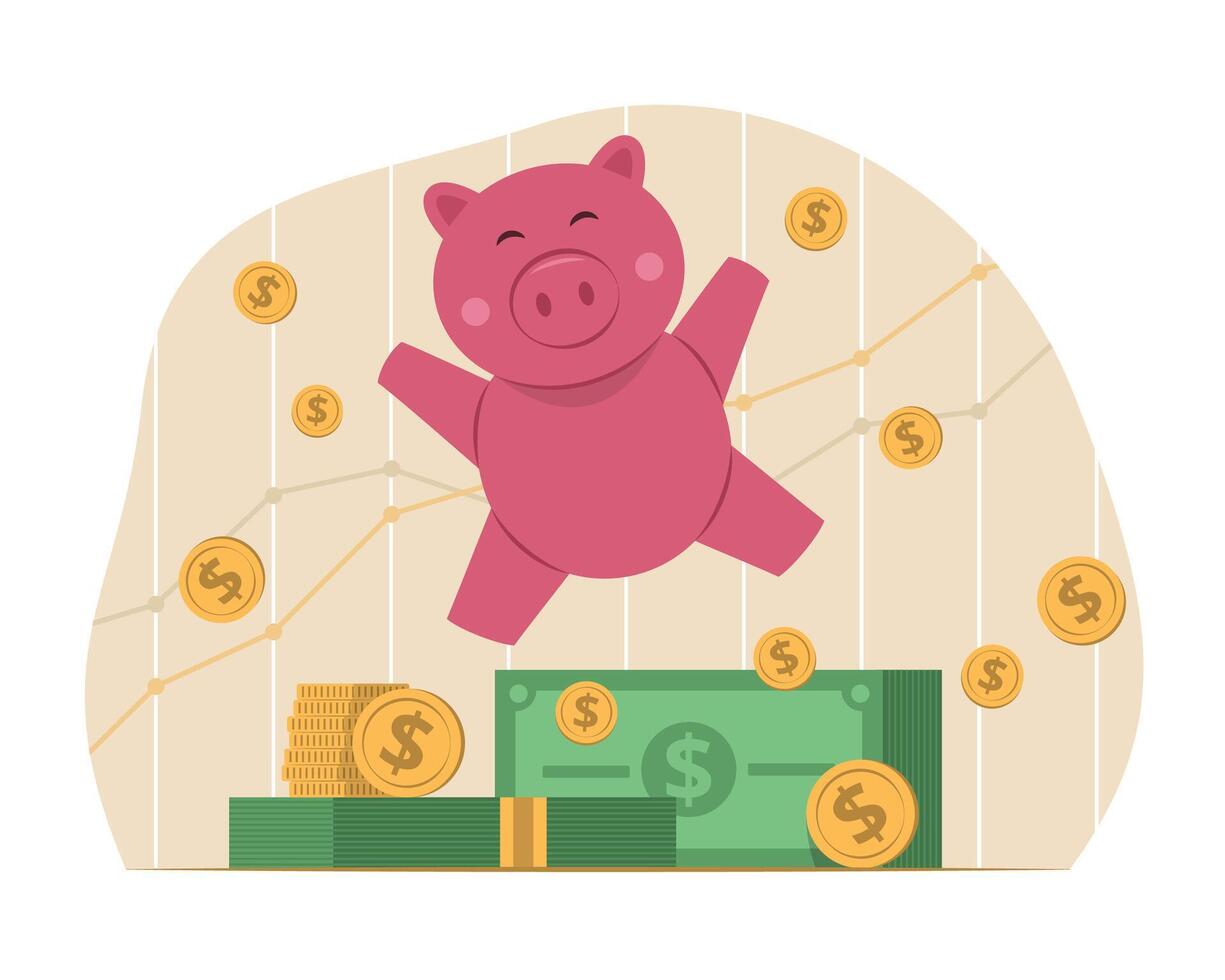 Cheerful Piggy Bank Character Jump with Stack of Cash Money and Dollar Coins for Savings Money Concept Illustration vector