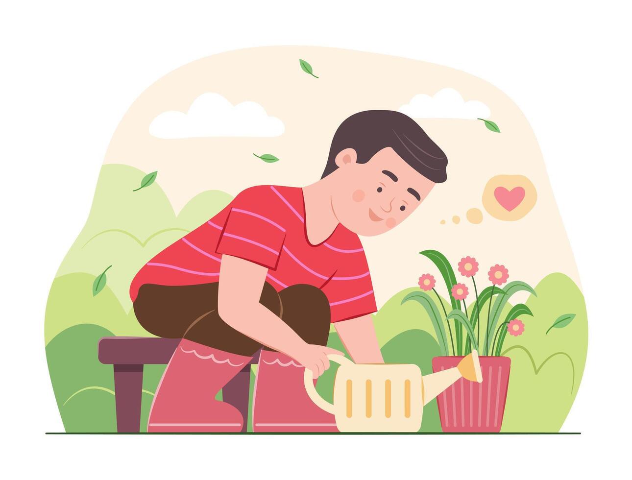 Cute Kid Boy Planting a Flower Plant into Flower Pot for Gardening Concept Illustration vector