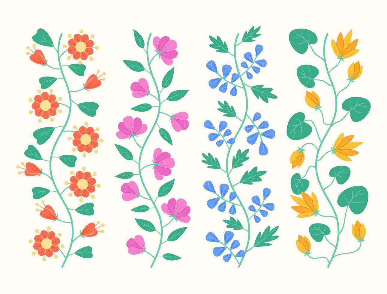 Set of Colorful Flowers Garland for Floral Motif Border Frame Decoration Concept Clip Art vector