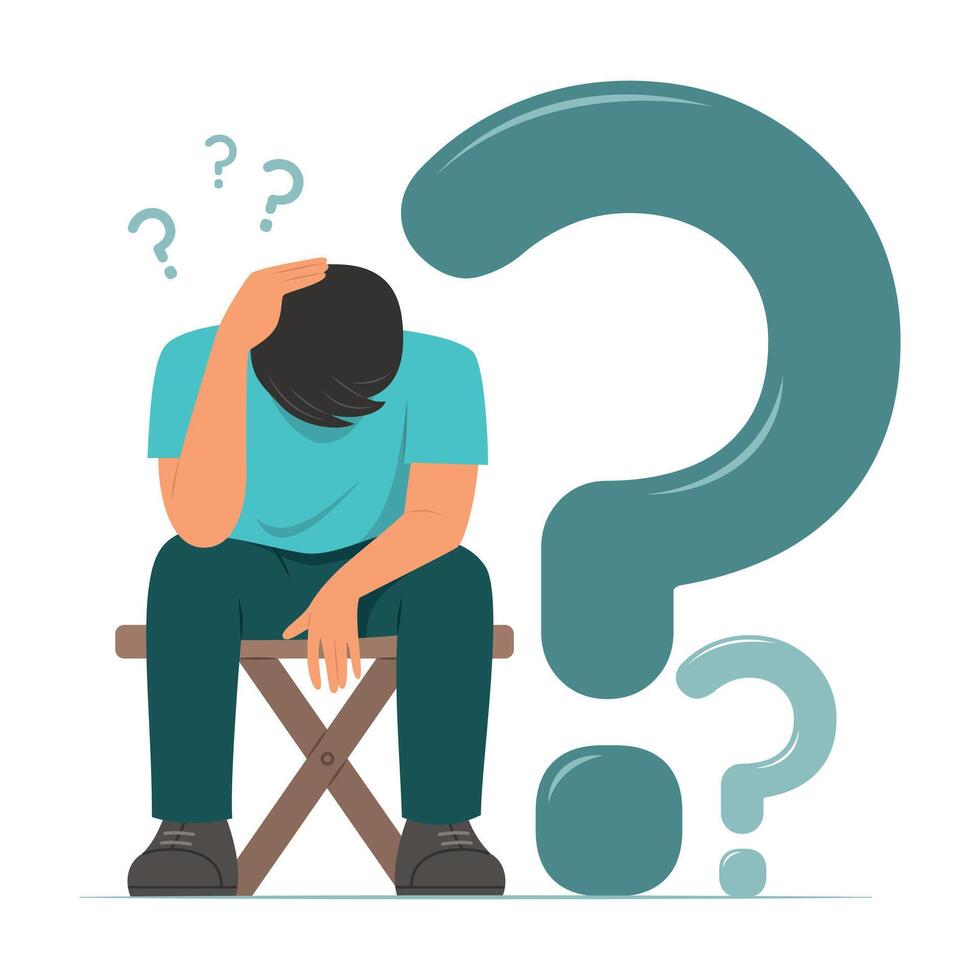 Thoughtful Man Sitting on Chair and Thinking of Questions Concept Illustration vector
