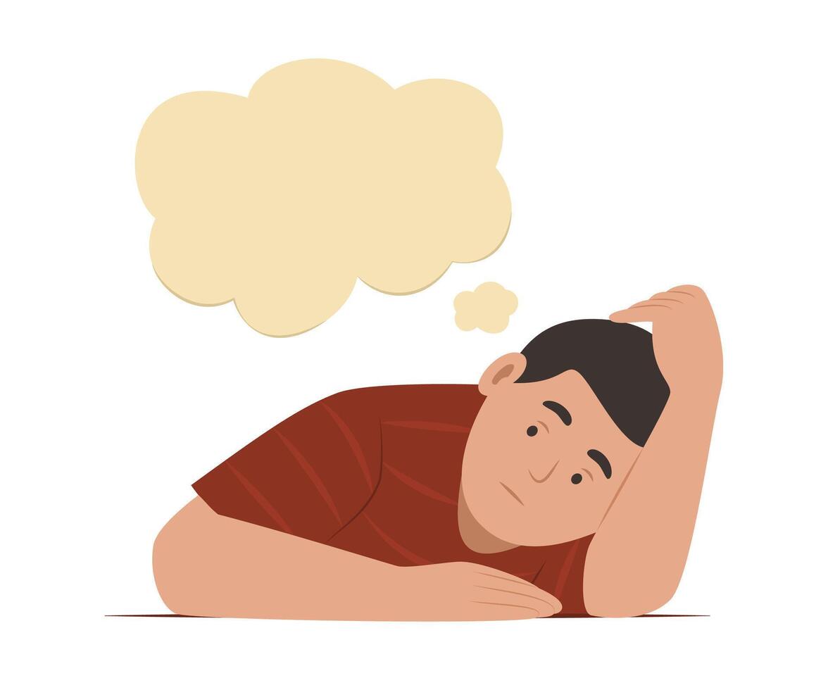 Bored Teenage Boy Thinking and Looking Up at Thinking Bubble Concept Illustration vector