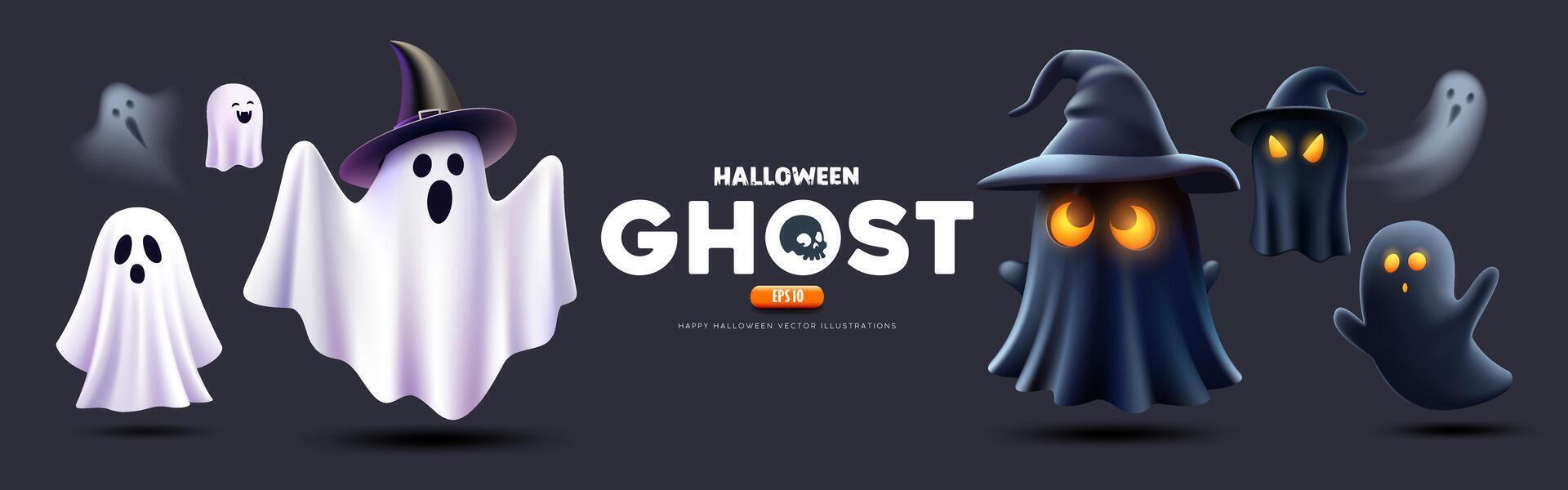 Halloween Ghost Black and white color, colletions banner design on dark blue background vector