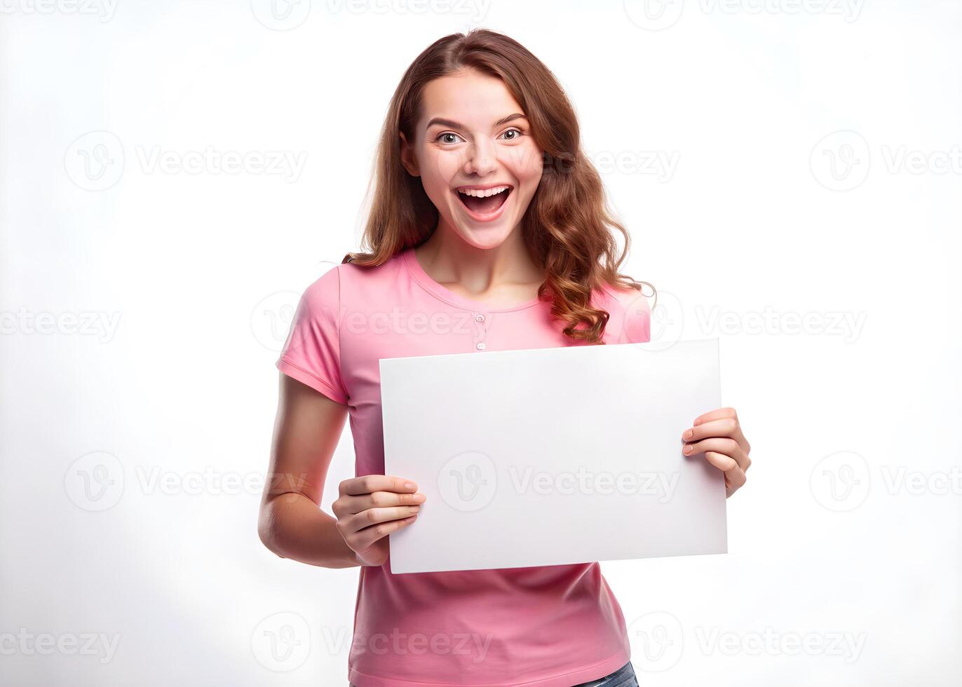 Mock up of a atractive girl wearing a pink shirt on a white background, holding a blank white cardboard and a joyful expression on her face. photo