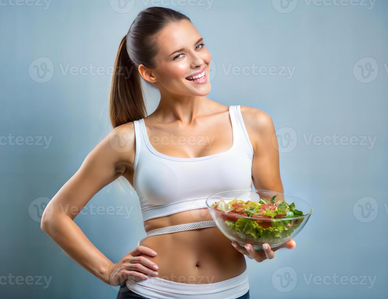 Happy slim lady holding a bowl of vegetable salad and showing her slimming result by holding the slimming belt on the waistband of her pants. photo
