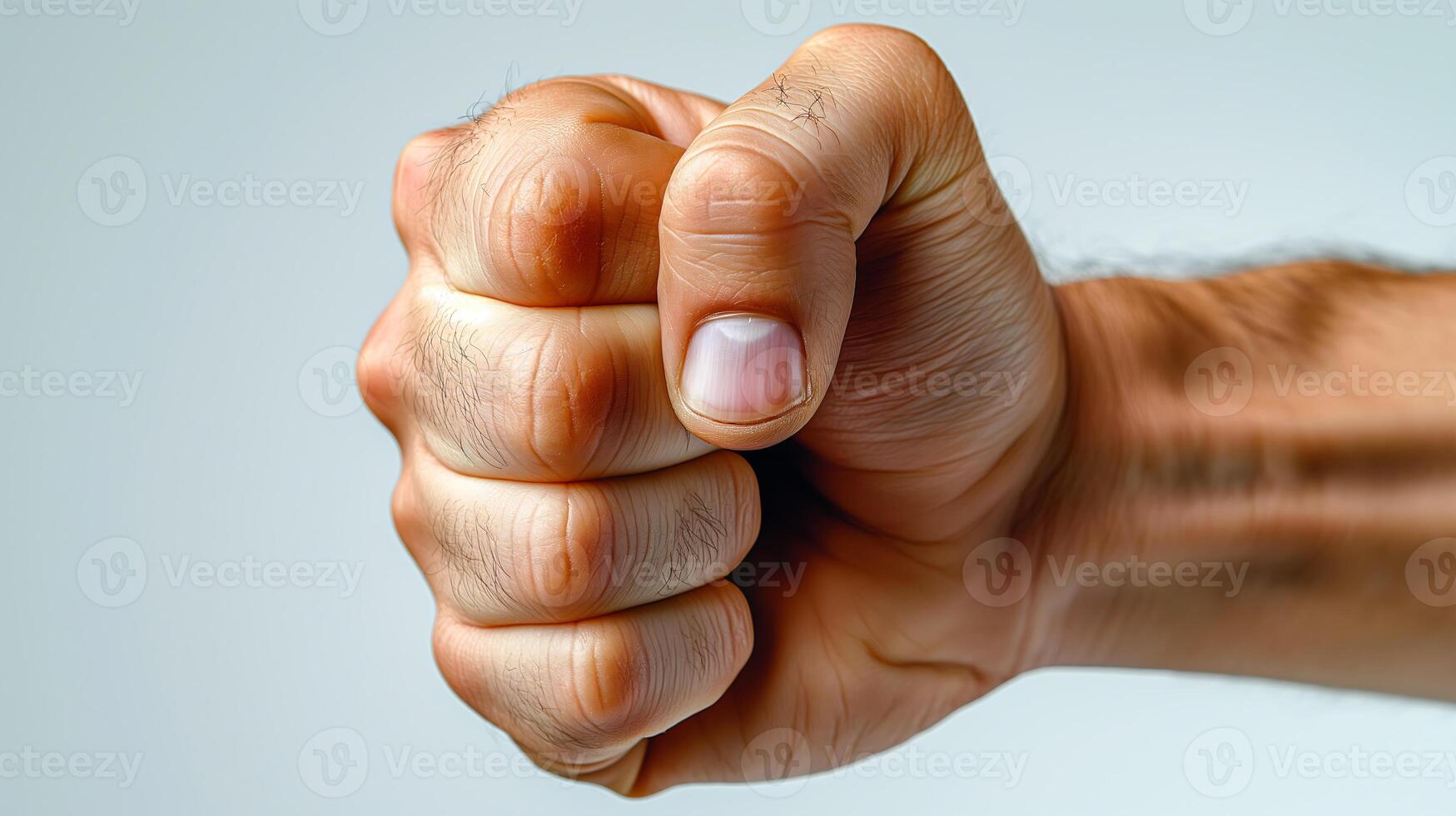 Fisted hand giving a punch, fist over light blue background photo