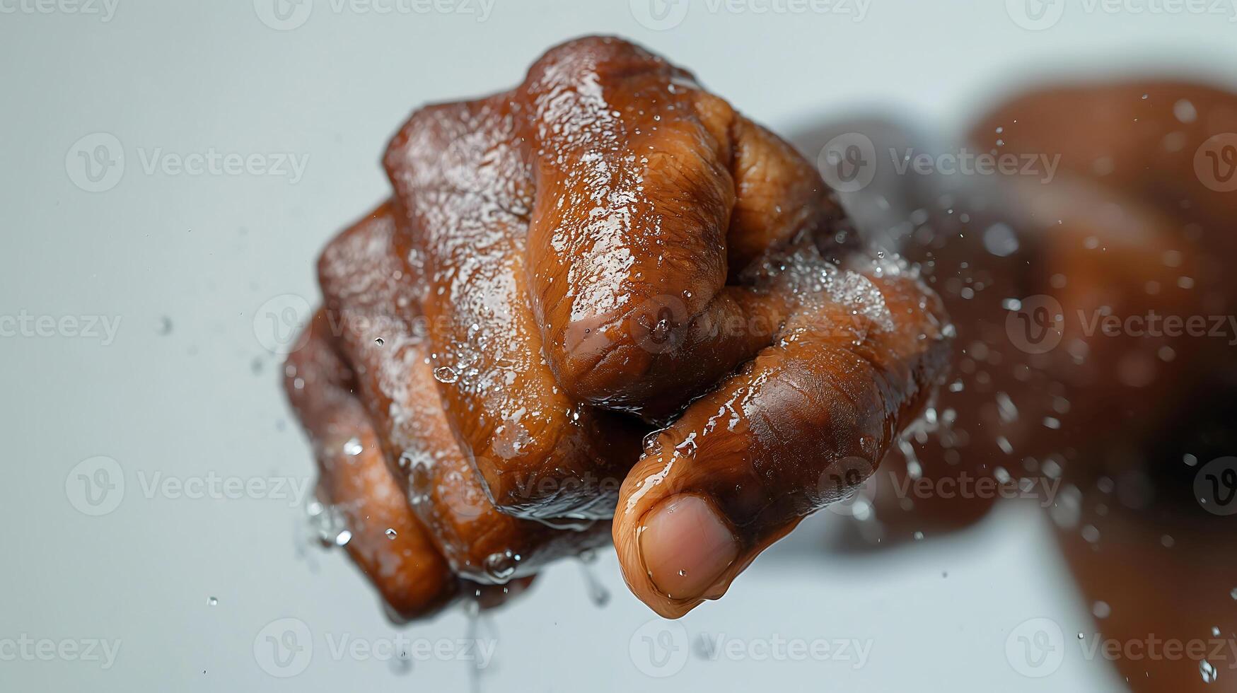 Fisted Black hand giving a punch in rain water, fist over gray background photo
