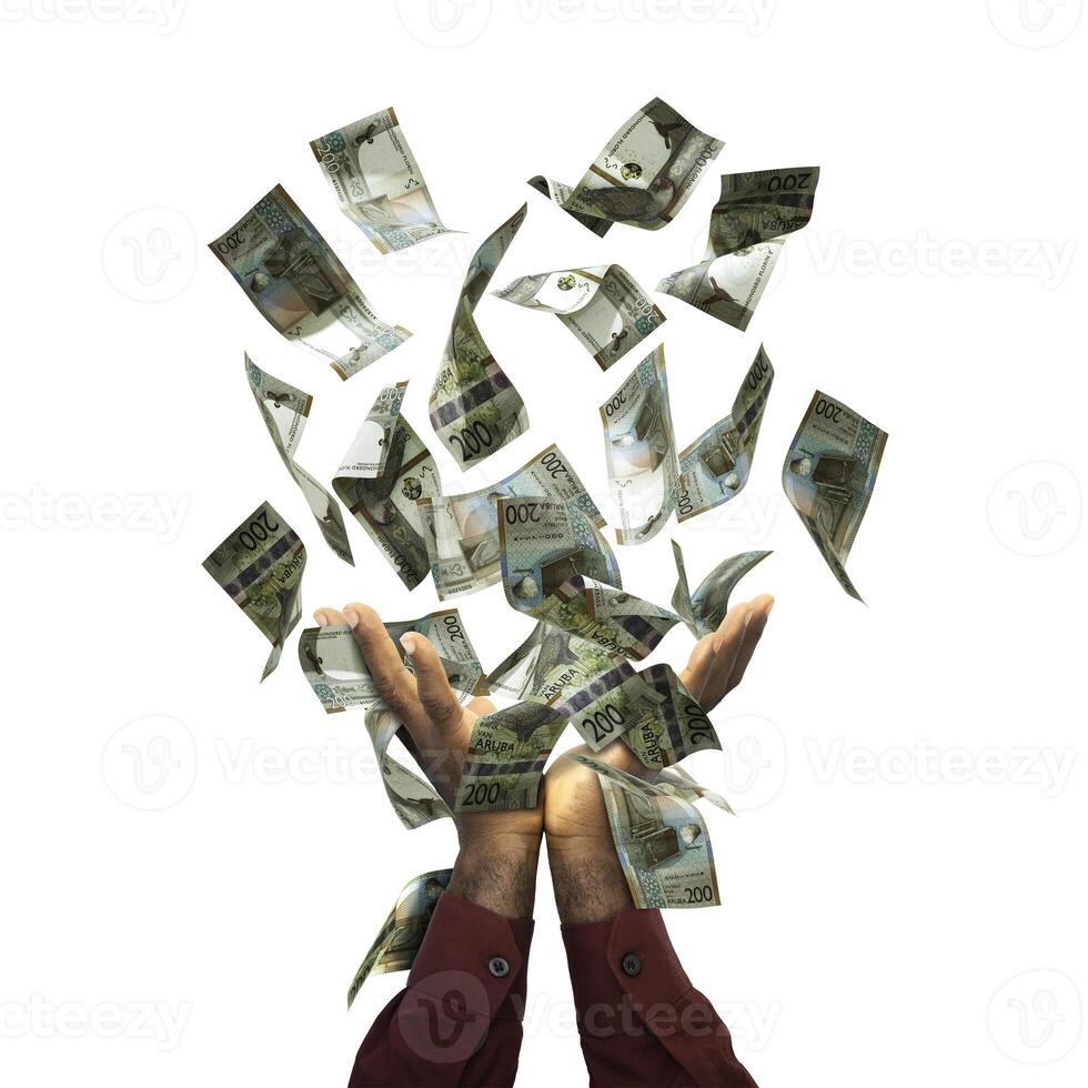 Aruban florin notes falling in black male hands isolated on white background. 3d rendered banknotes photo