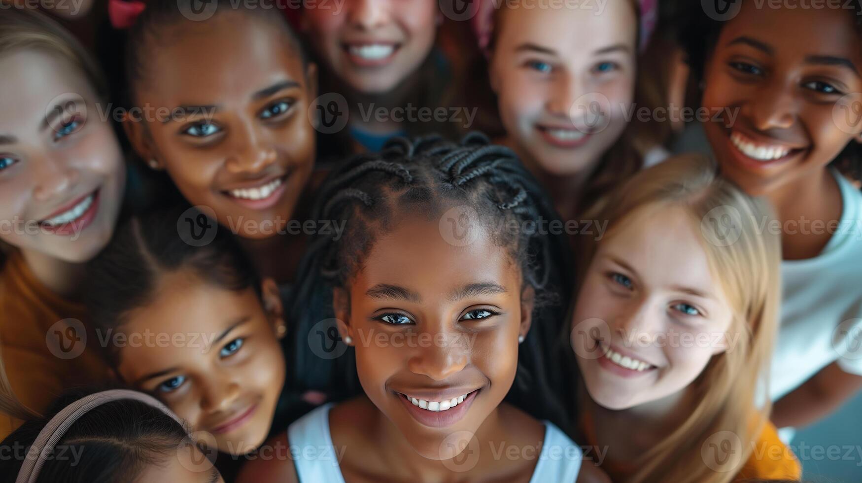 Diverse group of happy young girl children smiling and looking high up into camera, bonding together, drone view, high angle shot, girl child day, teens celebration, kids of different race, ethnicity photo