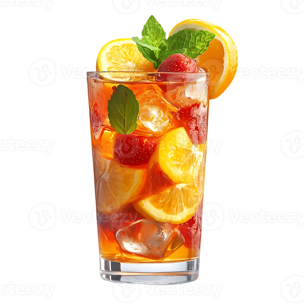 Refreshing Iced Tea with Strawberries, Lemon, and Mint on a Transparent Background png