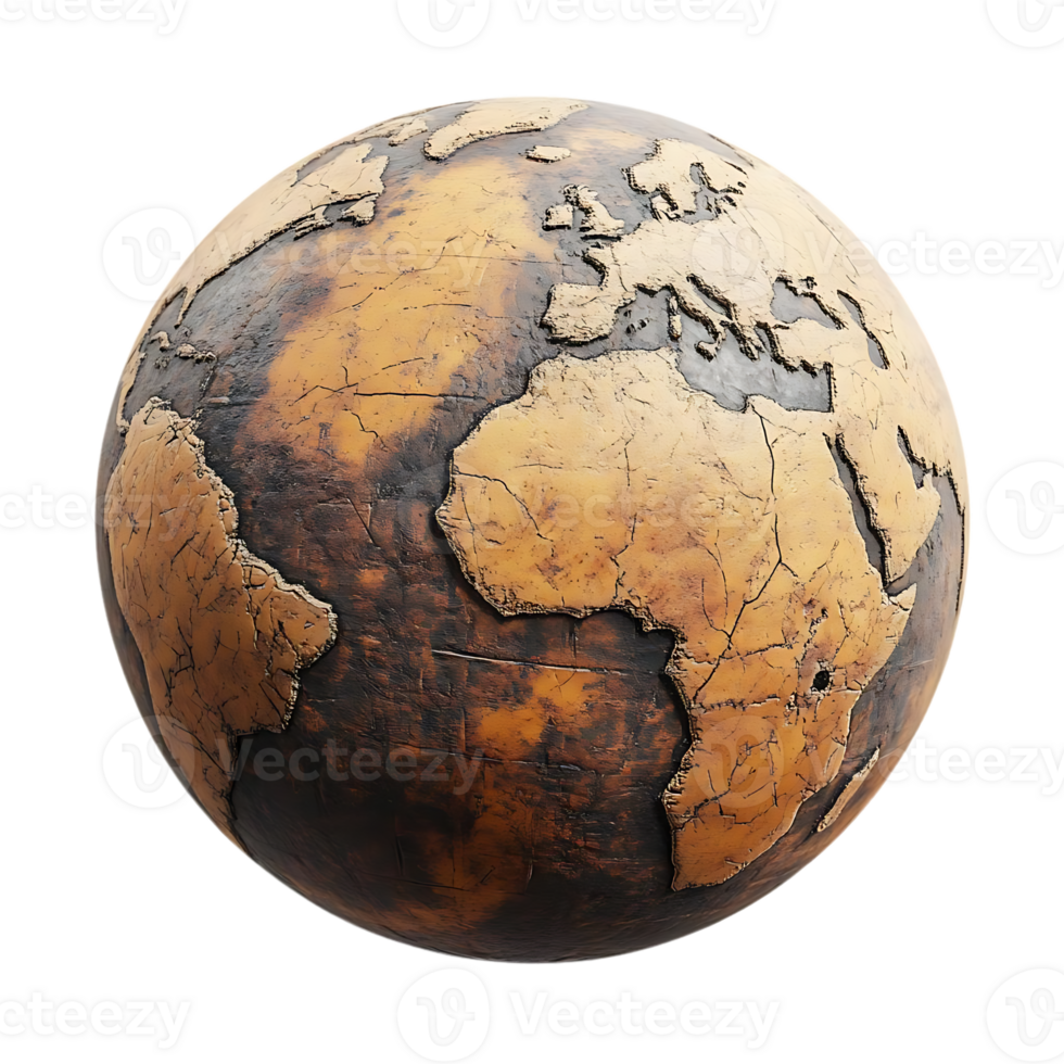Earth with a Cracked and Worn Surface, Displaying a Transparent Background, a Symbol of Aging and History png