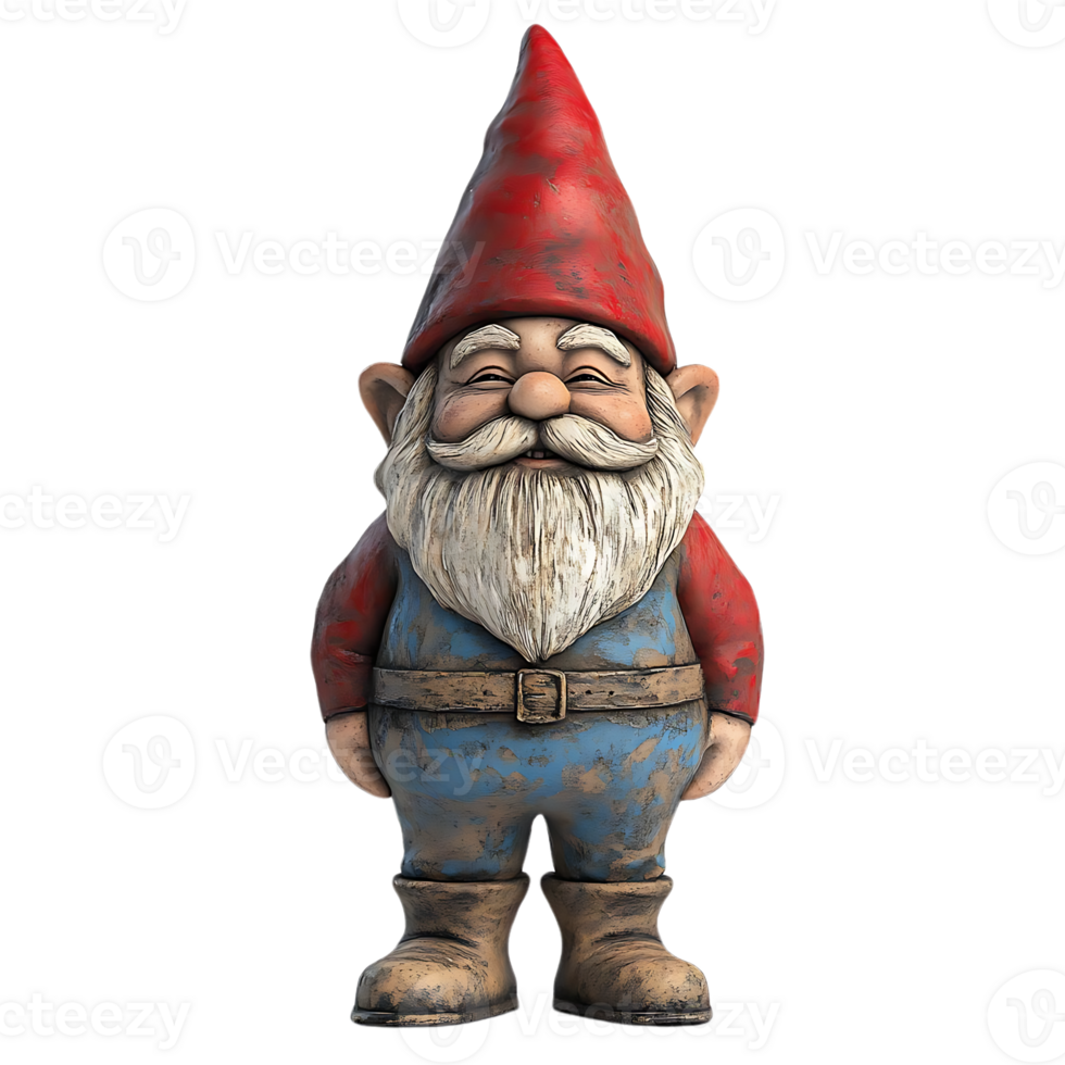 Smiling Garden Gnome with Transparent Background, Standing Tall, Wearing a Red Hat and Blue Overalls, Perfect for Yard Decor png