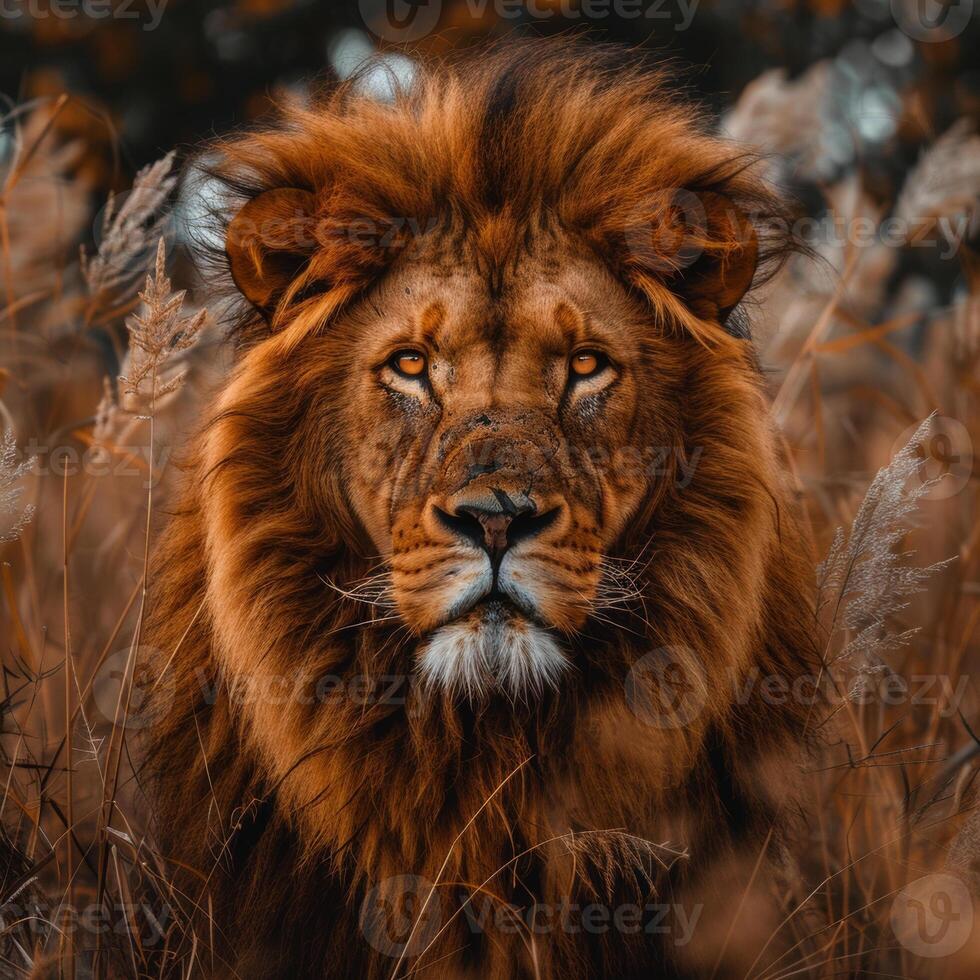 Portrait of a majestic lion with a thick mane of the king of beasts among tall grass, looking straight into the camera. The image conveys the strength, power and majesty of a wild predator photo