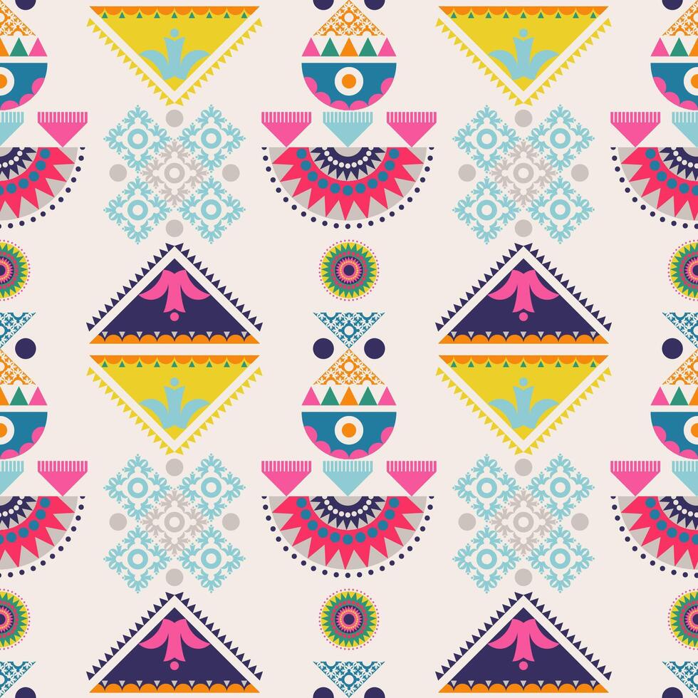Colorful folk art geometric pattern. Folklore geometric abstract shape seamless pattern. Folk art geometric pattern use for fabric, textile, home decoration elements, upholstery, wrapping, etc. vector