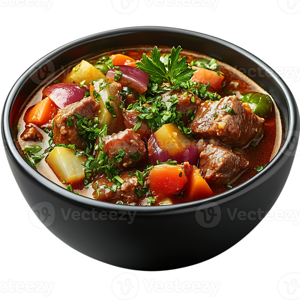 Delicious Beef Stew with Vegetables, Served in a Black Bowl with a Transparent Background png