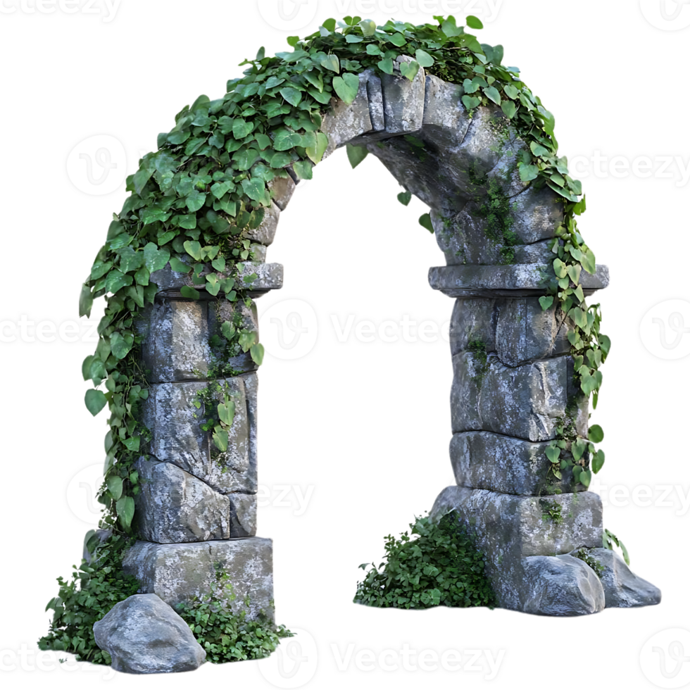 Stone Archway Covered in Lush Greenery with a Transparent Background png