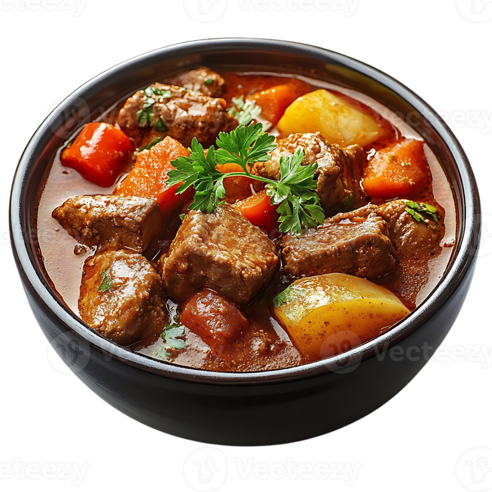 Beef Stew with Potatoes, Carrots, and Parsley in a Brown Bowl with a Transparent Background png