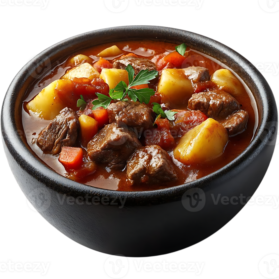 Hearty Beef Stew with Potatoes, Carrots, and Tomatoes in a Rich Brown Gravy, Served in a Rustic Black Bowl on a Transparent Background png