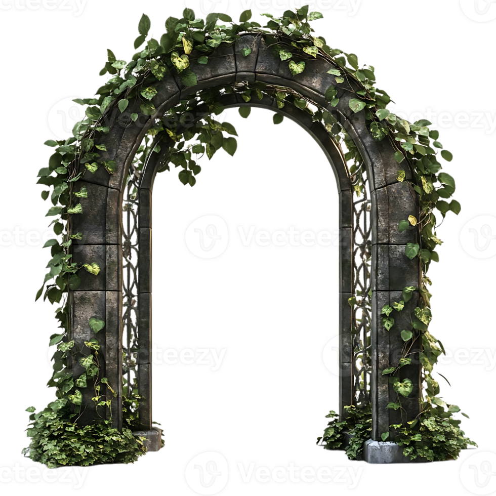 Stone Archway Covered in Greenery with a Transparent Background png