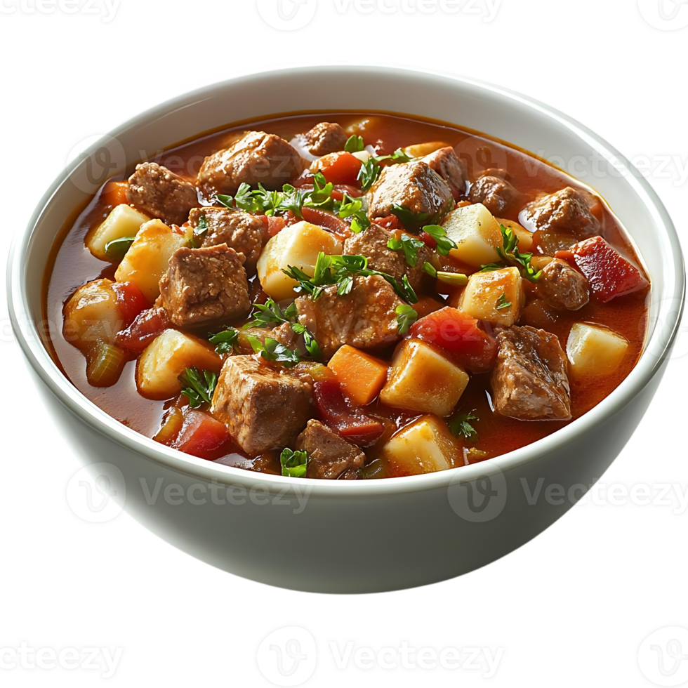 Hearty Beef Stew with Potatoes and Carrots in a White Bowl on a Transparent Background png