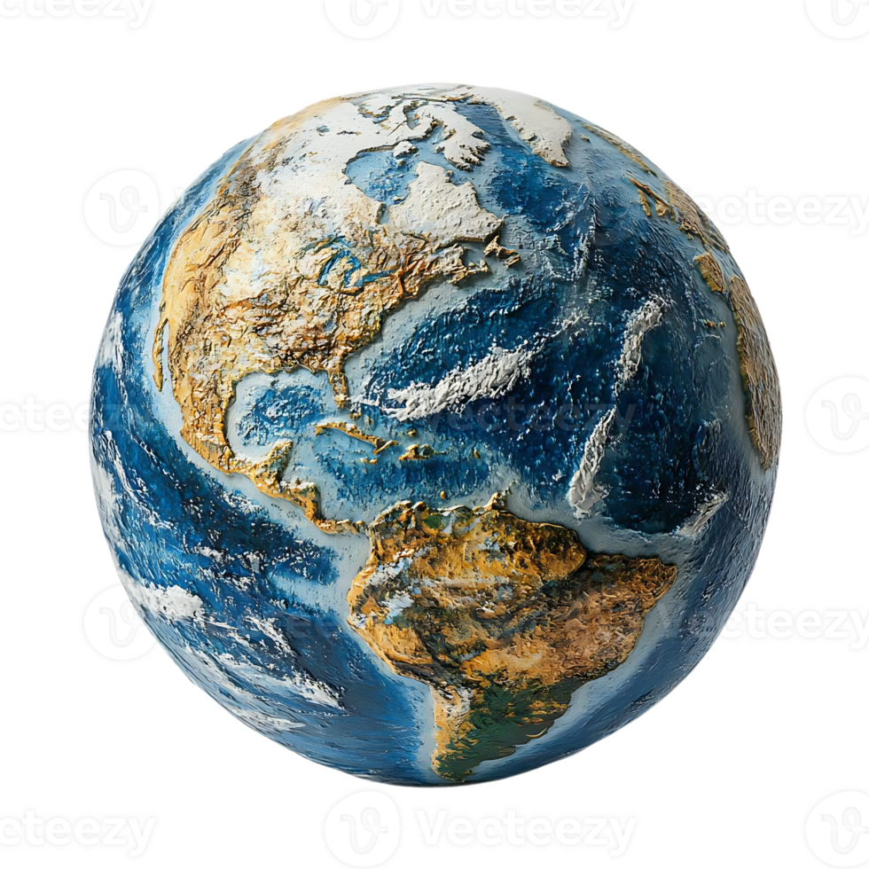 A Detailed View of Earth with a Transparent Background, Showing Continents, Oceans, and Polar Ice Caps png