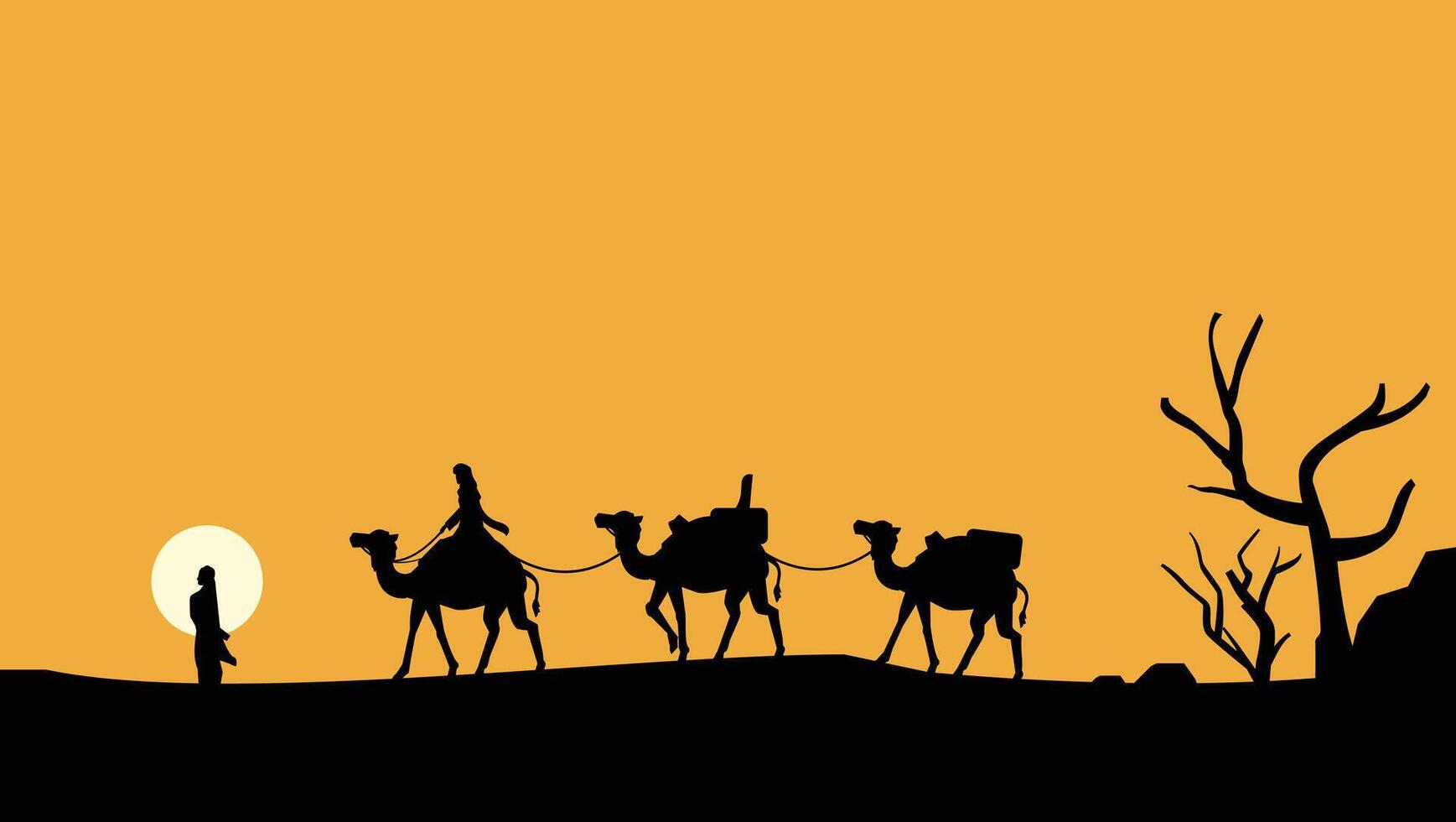 silhouette landscape illustration in middle eastern desert with walking people and dead tree branches vector