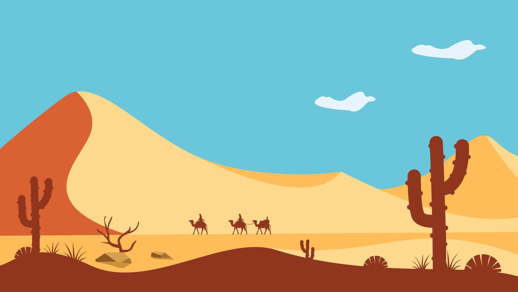 illustration of a desert landscape in the middle east with camels and katus trees vector