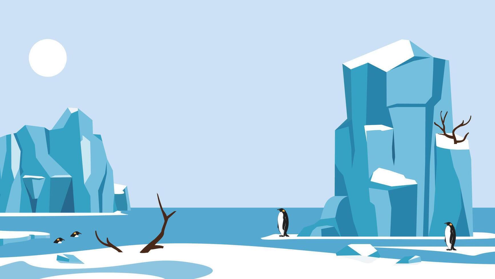 illustration of a natural landscape of the north pole, a wild area of ice land with penguins and glaciers vector