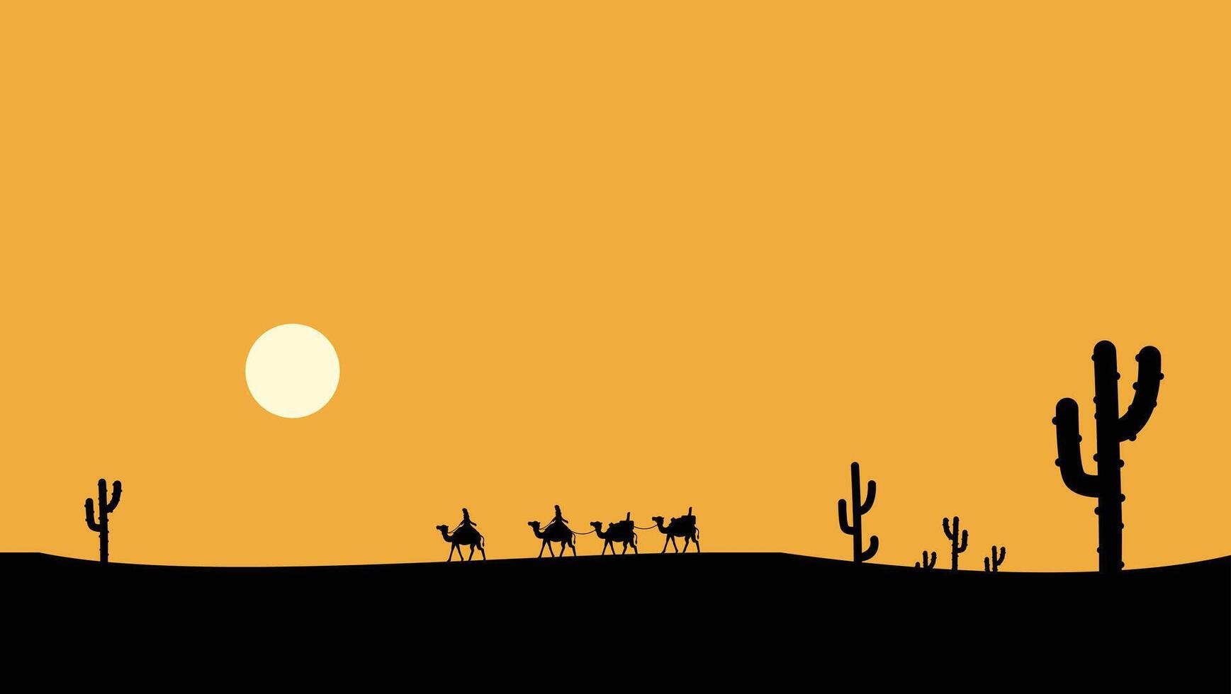 illustration of travel silhouette in middle eastern desert with camel katus tree and sunset vector