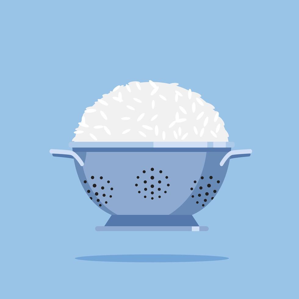 iron colander icon logo with white rice, cooking utensil strainer illustration. suitable for poster and web icon vector