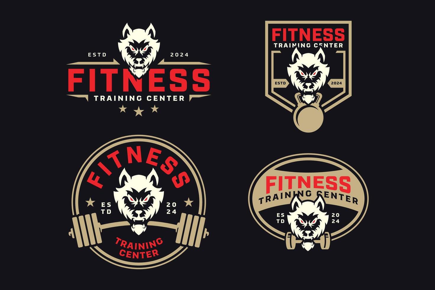 angry wolf canine with power bar, barbell and kettlebell badge logo design collection for fitness, gym, bodybuilding, weightlifting club vector