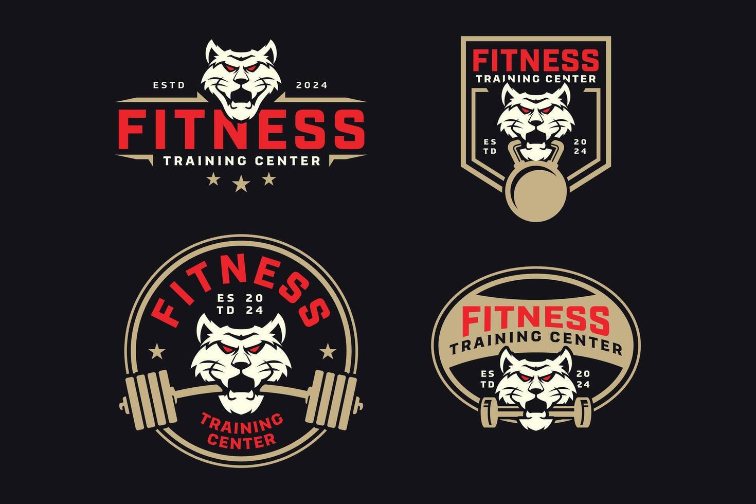 lynx wildcat or bobcat with power bar, barbell and kettlebell badge logo design collection for fitness, gym, bodybuilding, weightlifting club vector