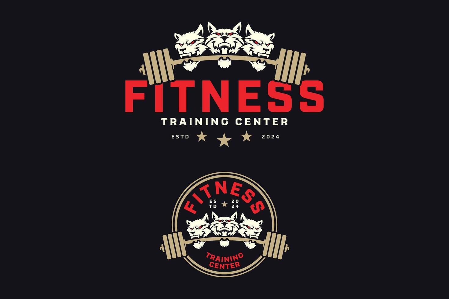 cerberus head, hell hound mythological, three-headed dog with power bar or barbell logo design for fitness, gym, bodybuilding, weightlifting club vector