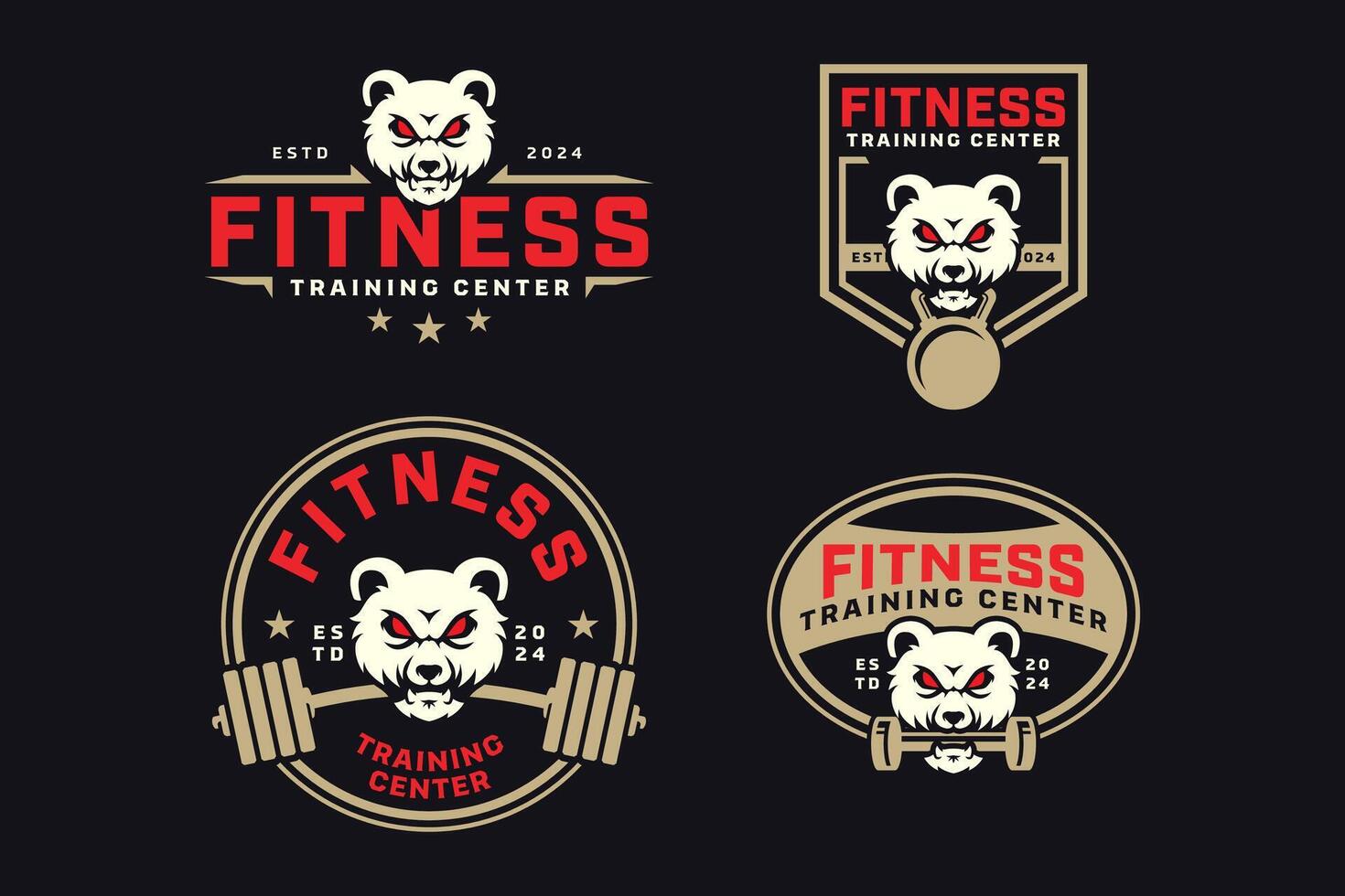 bear or grizzly with power bar, barbell and kettlebell badge logo design collection for fitness, gym, bodybuilding, weightlifting club vector
