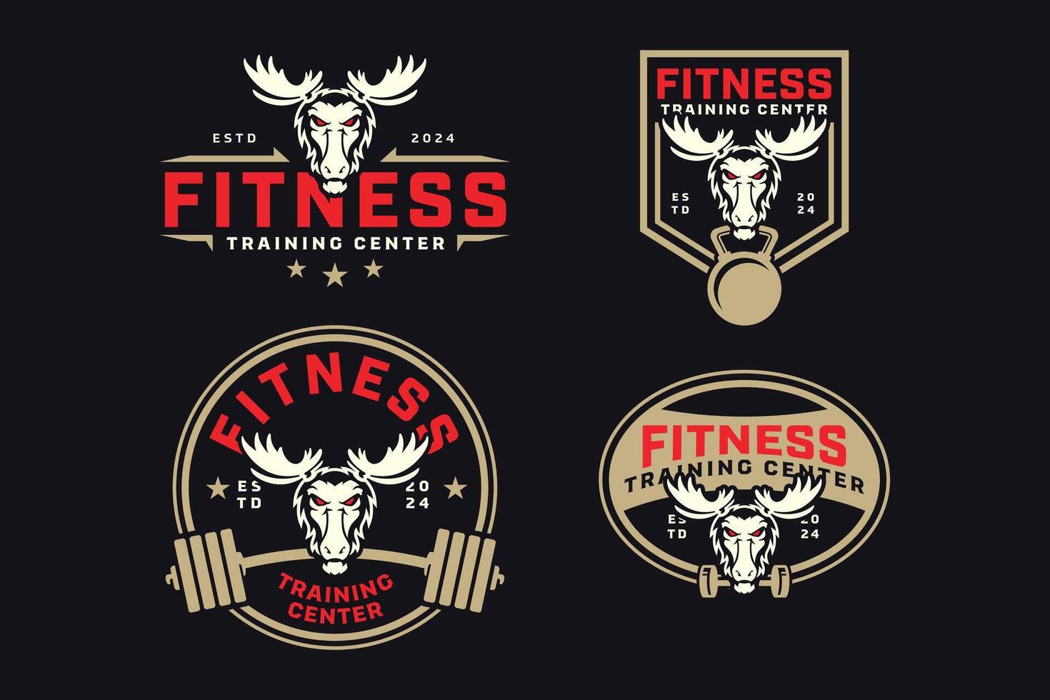 moose or elk with power bar, barbell and kettlebell badge logo design collection for fitness, gym, bodybuilding, weightlifting club vector