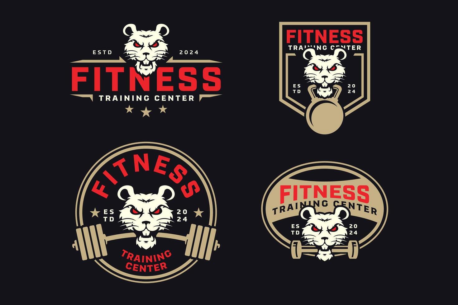 mouse, rat, shrew with power bar, barbell and kettlebell badge logo design collection for fitness, gym, bodybuilding, weightlifting club vector