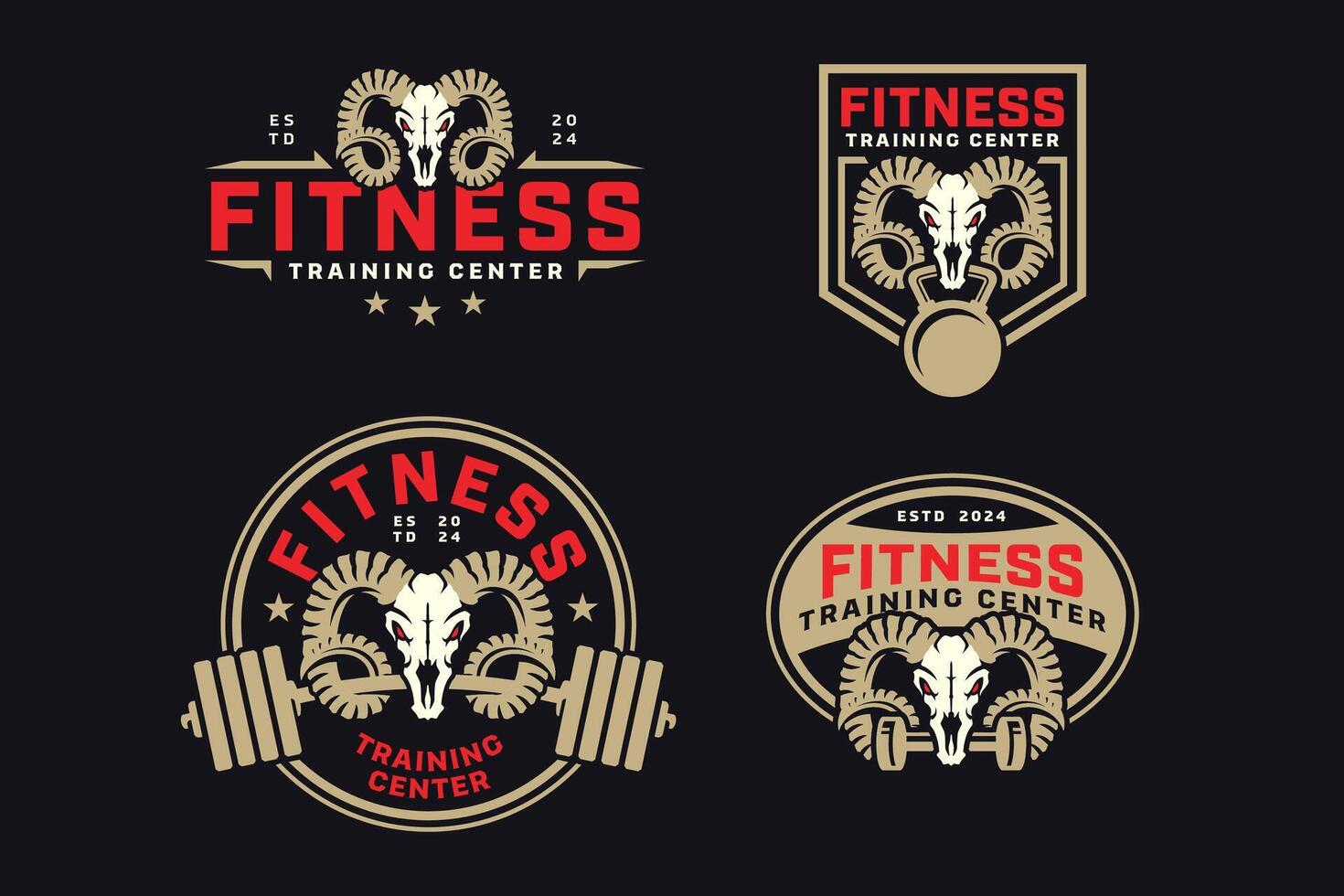 goat sheep ibex head skull and horn with power bar, barbell and kettlebell badge logo design collection for fitness, gym, bodybuilding, weightlifting club vector