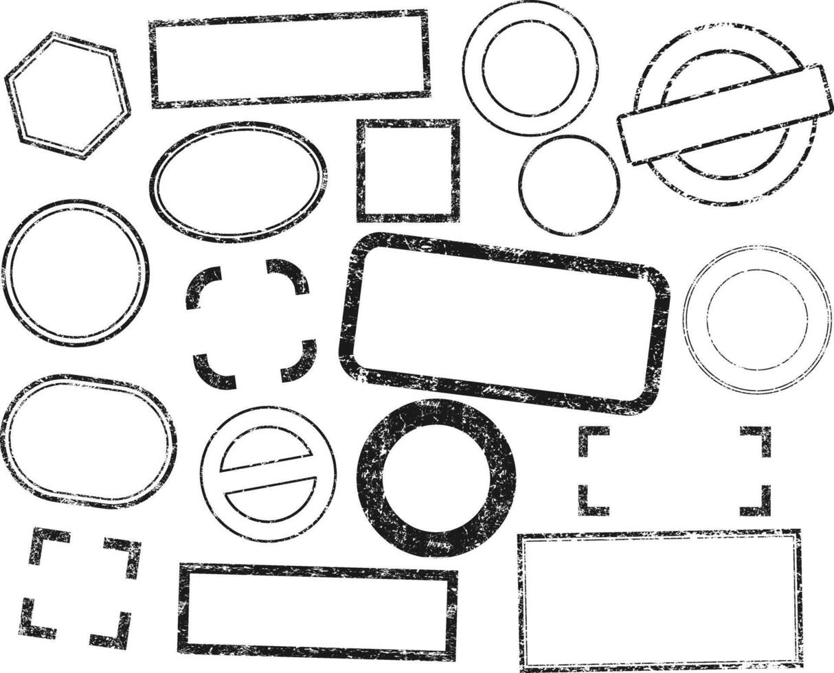 Stamps frames icon shape set. Stamp grunge ink rubber labels sign collection. Isolated on white background. Black round and square stamp border pack vector