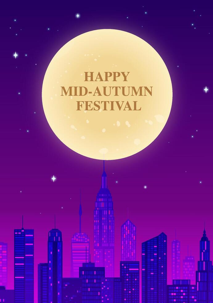 Hand painted Mid-Autumn vertical illustration city night scene and the moon vector
